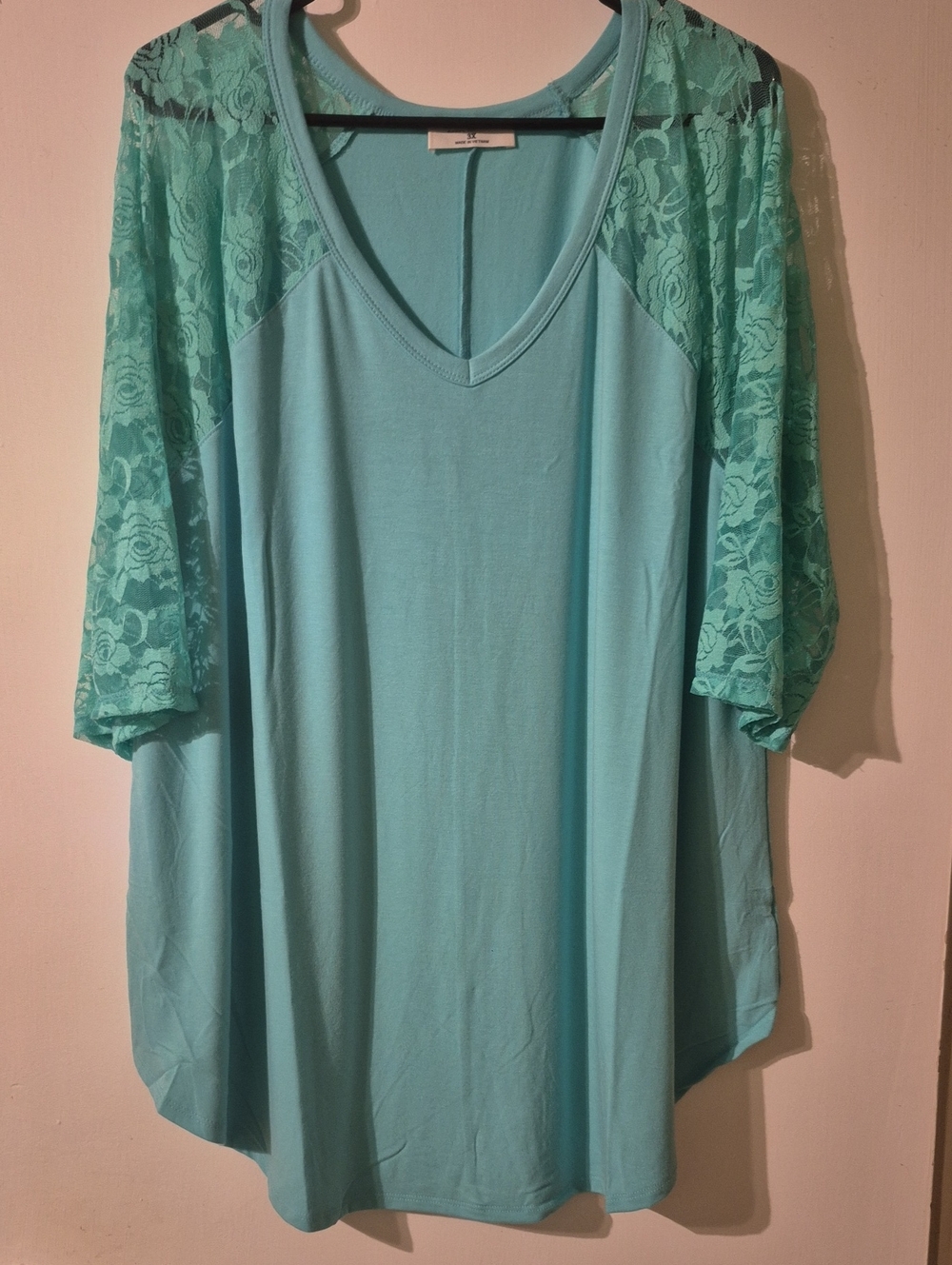 Light Teal Lace-Sleeve V-Neck Women's Top